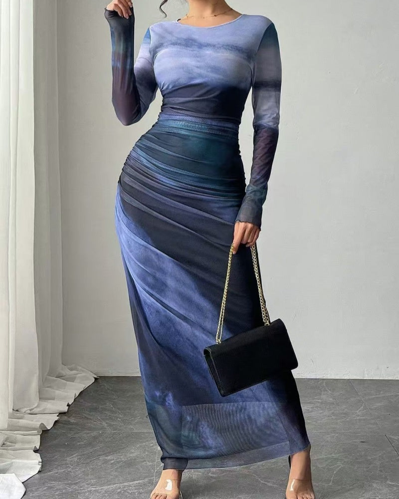 Variant image for Chic Gradient Long Sleeve Bodycon Dress in High Elastic Mesh – Comfortable Fit for Effortless Elegance-11