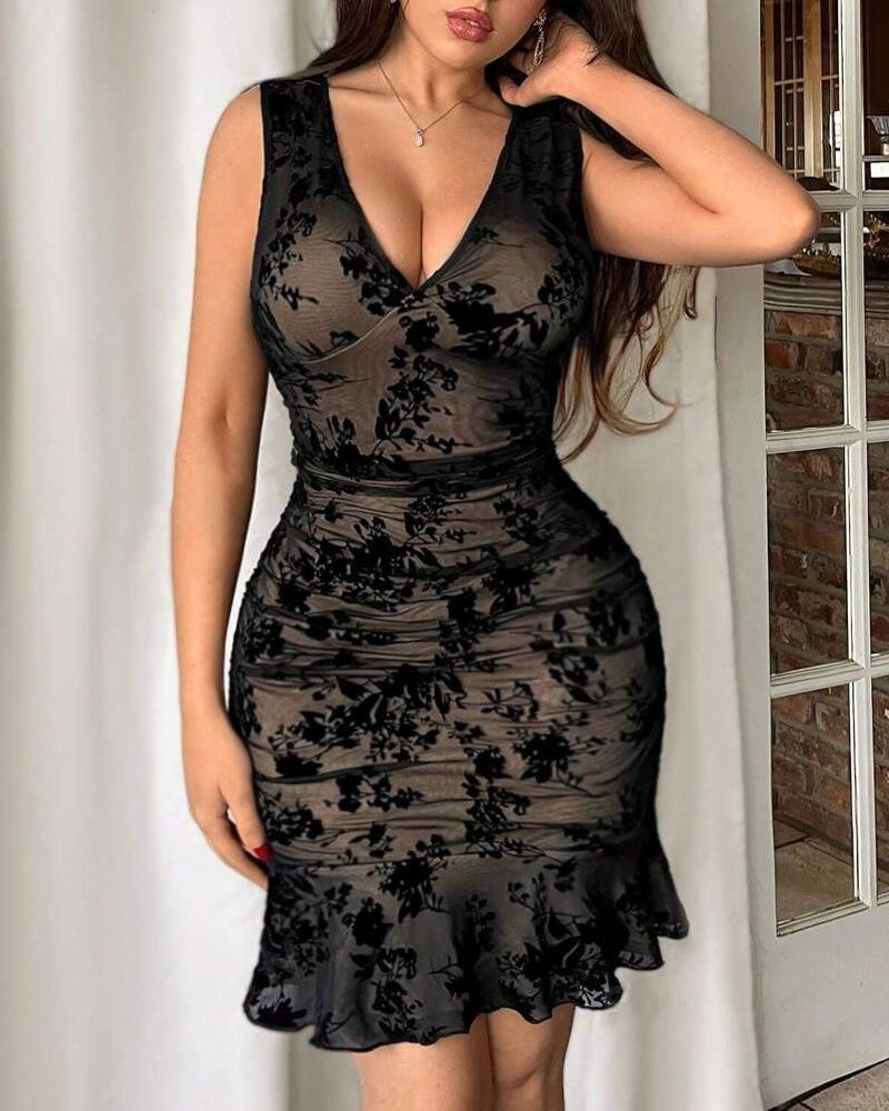Floral Mesh Bodycon Midi Dress with V-Neck and Ruffle Details – Elegant Women's Summer Wedding Guest Dress-1