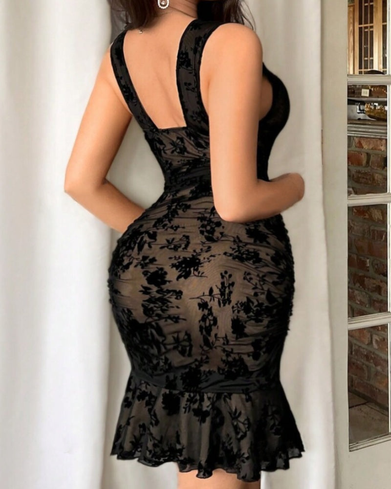 Floral Mesh Bodycon Midi Dress with V-Neck and Ruffle Details – Elegant Women's Summer Wedding Guest Dress-4