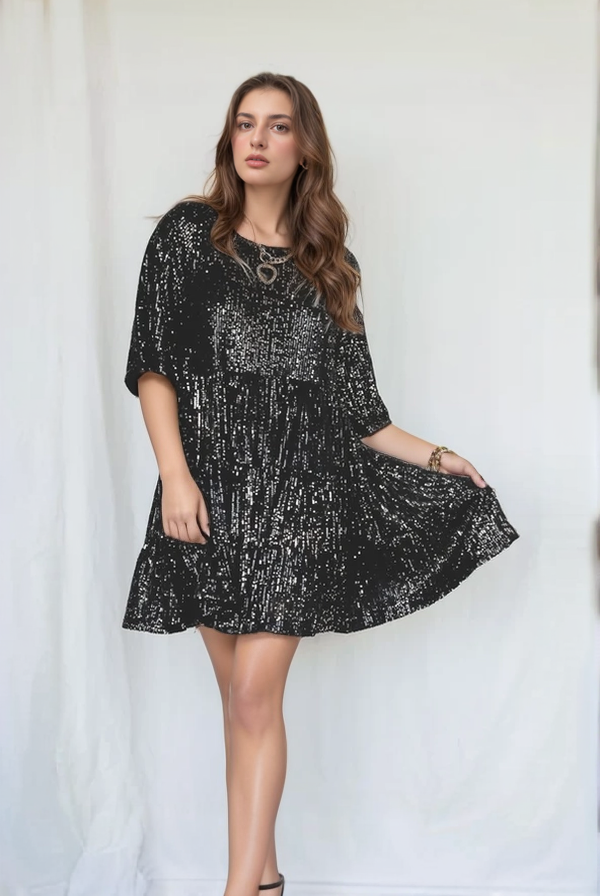 Comfy Sequins Baby Doll Dress - Sparkling Loose-Fit Mini for Parties and Celebrations 4