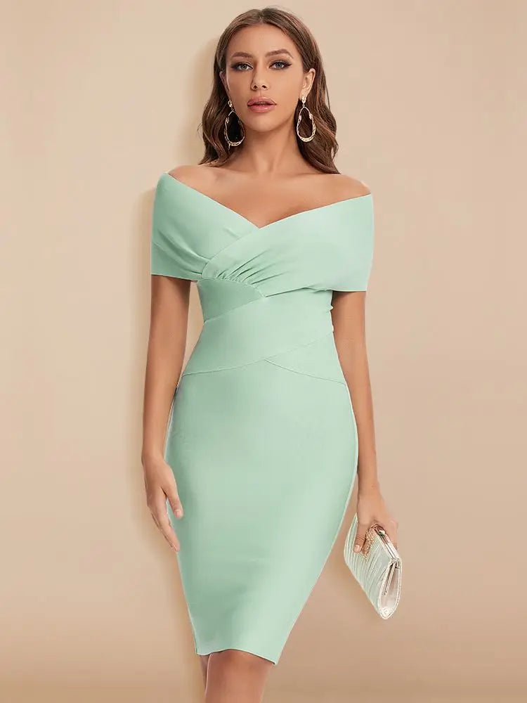 Elegant Off-Shoulder Green Bodycon Summer Dress for Women – Flattering Cocktail Party Style 0