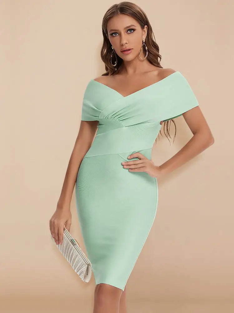 Elegant Off-Shoulder Green Bodycon Summer Dress for Women – Flattering Cocktail Party Style 1