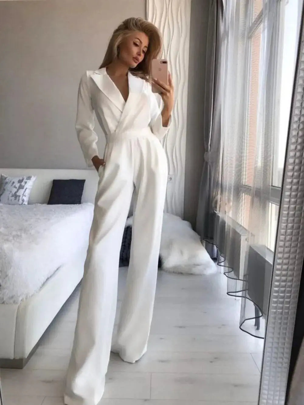 Elegant Women's Long Sleeve Jumpsuit with Wide Leg Design – Black or White Options for Any Occasion 3