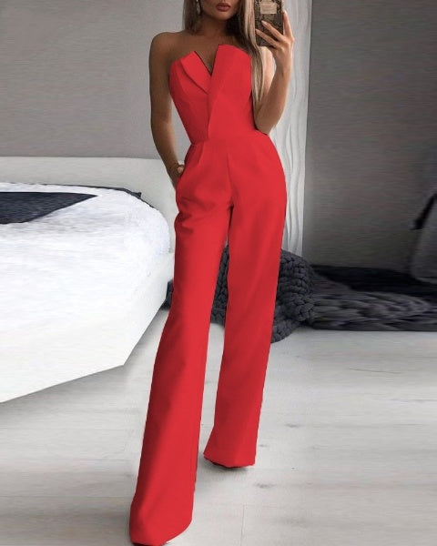 Elegant Women's Strapless Off-Shoulder Jumpsuit with Pockets – Wide-Leg Design in Black or White 0