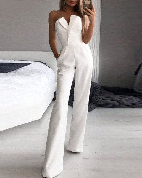 Elegant Women's Strapless Off-Shoulder Jumpsuit with Pockets – Wide-Leg Design in Black or White 2