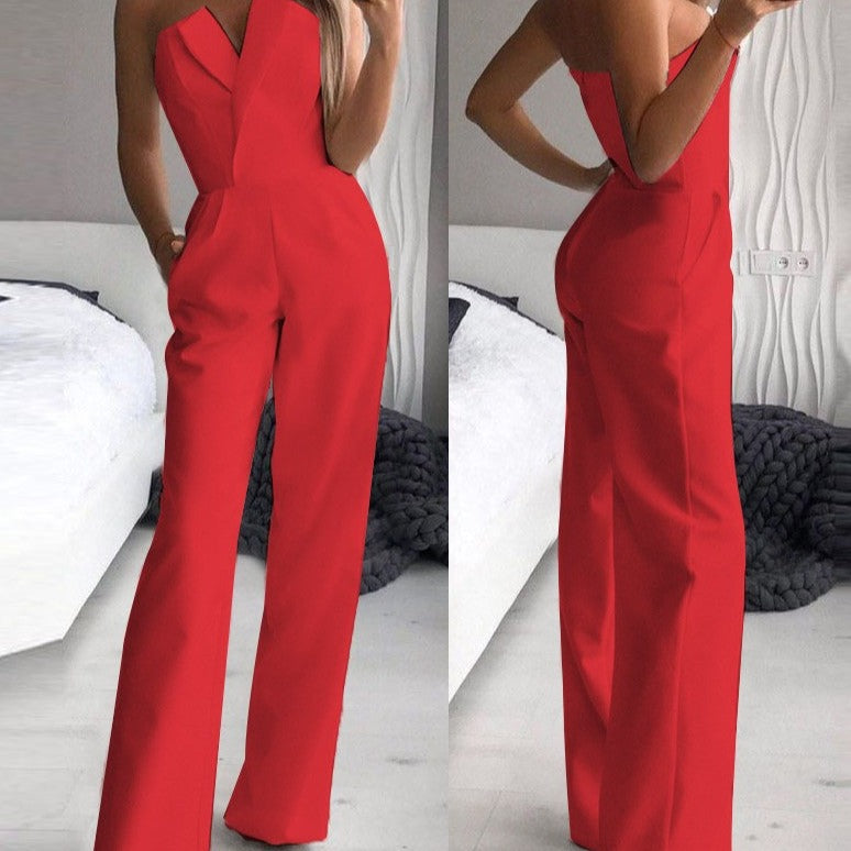 Elegant Women's Strapless Off-Shoulder Jumpsuit with Pockets – Wide-Leg Design in Black or White 3