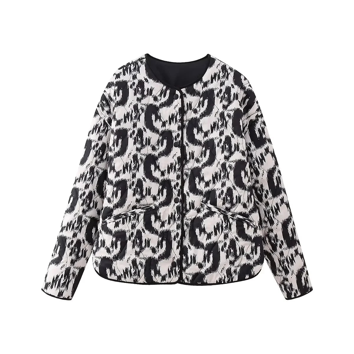 TRAFZA 2023 Winter Women's Vintage Print Cotton Coat Woman Single Breasted Quilted Jacket O-Neck Open Front High Street Outcoat 11