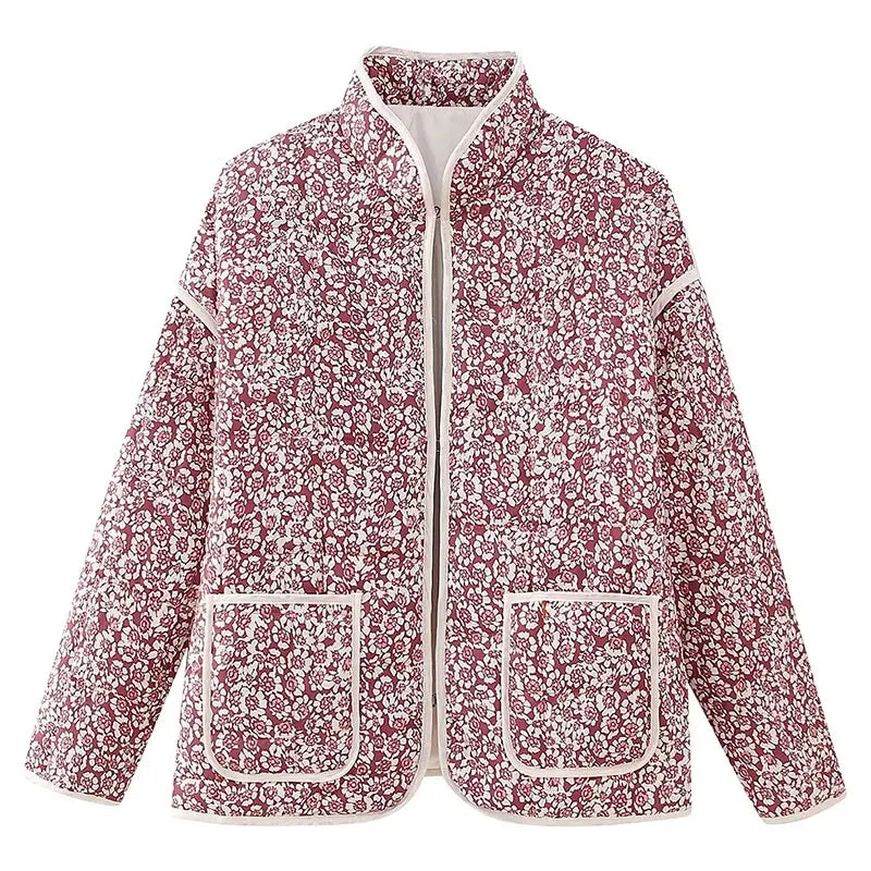 TRAFZA 2023 Winter Women's Vintage Print Cotton Coat Woman Single Breasted Quilted Jacket O-Neck Open Front High Street Outcoat 12