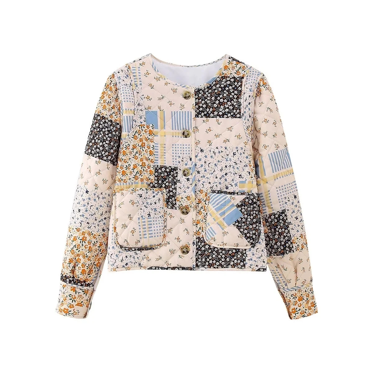 TRAFZA 2023 Winter Women's Vintage Print Cotton Coat Woman Single Breasted Quilted Jacket O-Neck Open Front High Street Outcoat 8