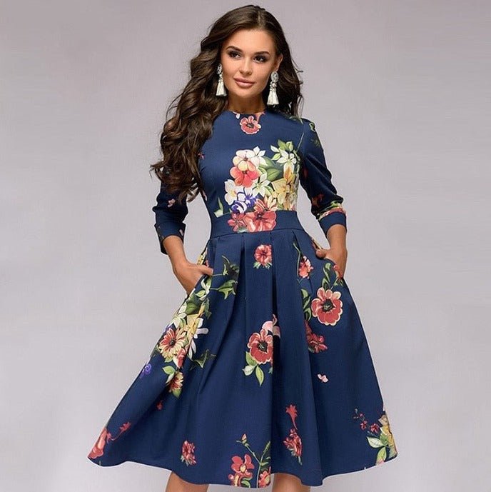 Women's A-Line Dress - Knee-Length - Three-Quarter Sleeves - Floral Print Elegant Style 1