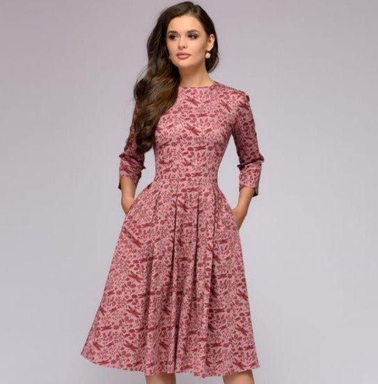 Women's A-Line Dress - Knee-Length - Three-Quarter Sleeves - Floral Print Elegant Style 2