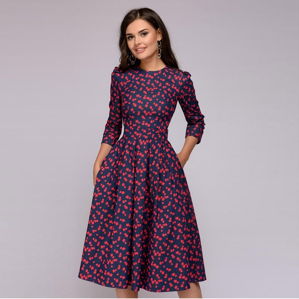 Women's A-Line Dress - Knee-Length - Three-Quarter Sleeves - Floral Print Elegant Style 3