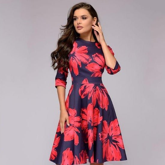Women's A-Line Dress - Knee-Length - Three-Quarter Sleeves - Floral Print Elegant Style 4