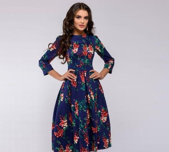 Women's A-Line Dress - Knee-Length - Three-Quarter Sleeves - Floral Print Elegant Style 5