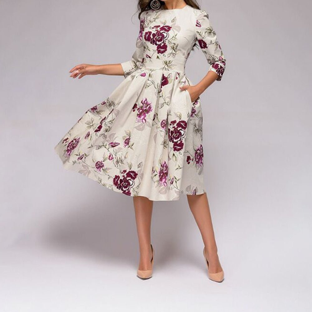 Women's A-Line Dress - Knee-Length - Three-Quarter Sleeves - Floral Print Elegant Style 6
