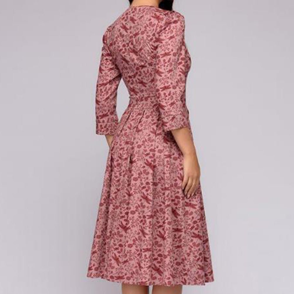 Women's A-Line Dress - Knee-Length - Three-Quarter Sleeves - Floral Print Elegant Style 7