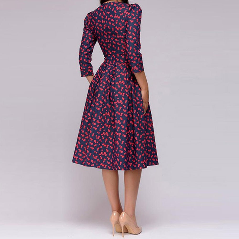 Women's A-Line Dress - Knee-Length - Three-Quarter Sleeves - Floral Print Elegant Style 8