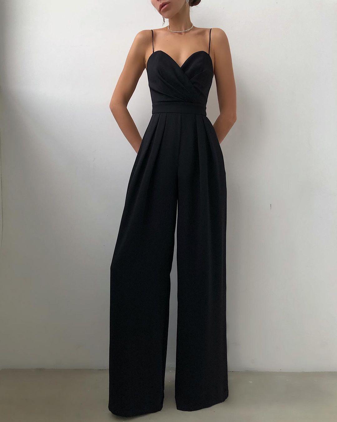 Women's Black High-Waist Spaghetti Strap Jumpsuit – Elegant and Comfortable for Any Occasion 0