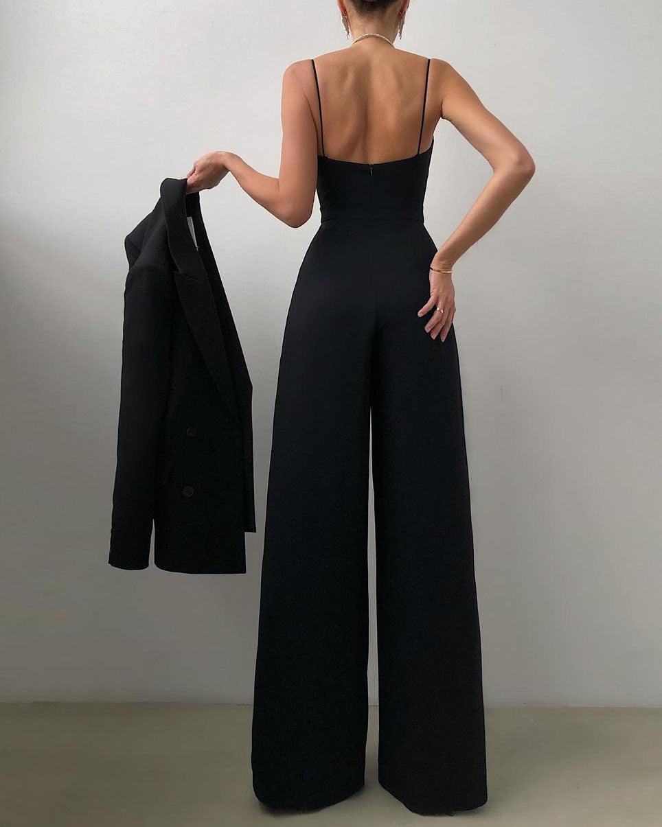 Women's Black High-Waist Spaghetti Strap Jumpsuit – Elegant and Comfortable for Any Occasion 2