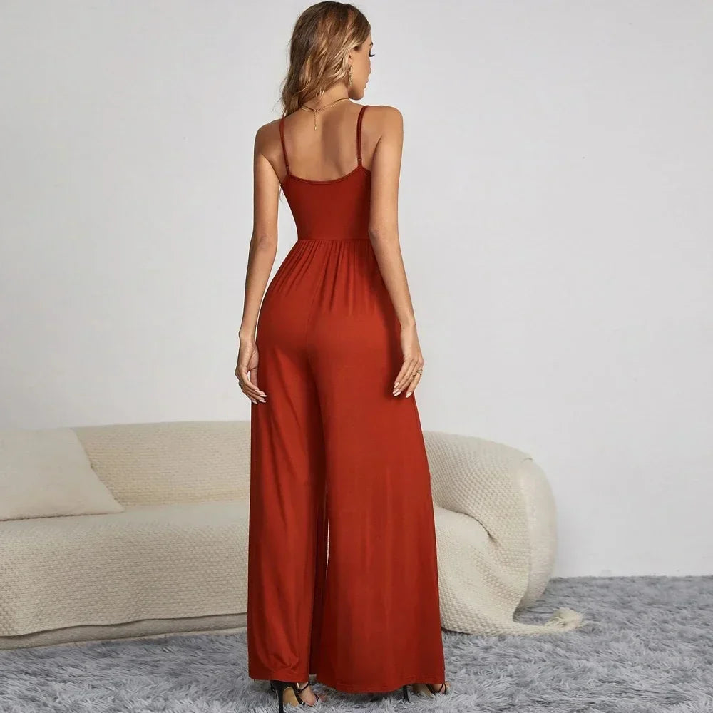 Women's Black Spaghetti Strap Jumpsuit with Button Front and Wide-Leg Trousers - Elegant and Versatile Romper 5