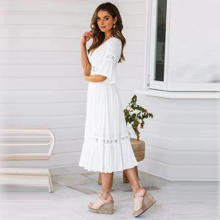 Women's Bohemian Dress - A-Line Flowy Fit - Deep V-Neck - Lace Detail - 3/4 Sleeves 2