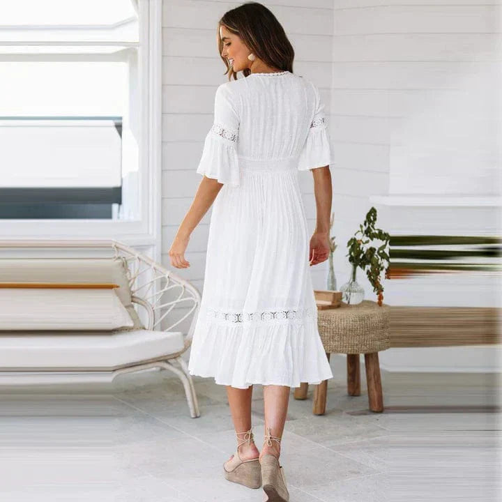 Women's Bohemian Dress - A-Line Flowy Fit - Deep V-Neck - Lace Detail - 3/4 Sleeves 3