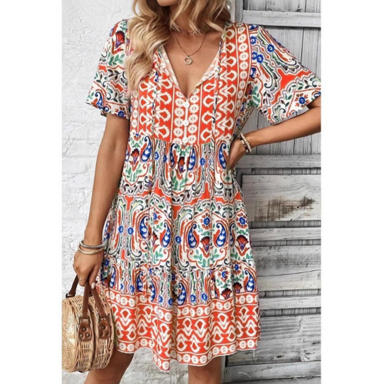 Women’s Casual Dress – Breathable Cotton – Loose Fit – V-Neck – Printed Tiered Hem 2