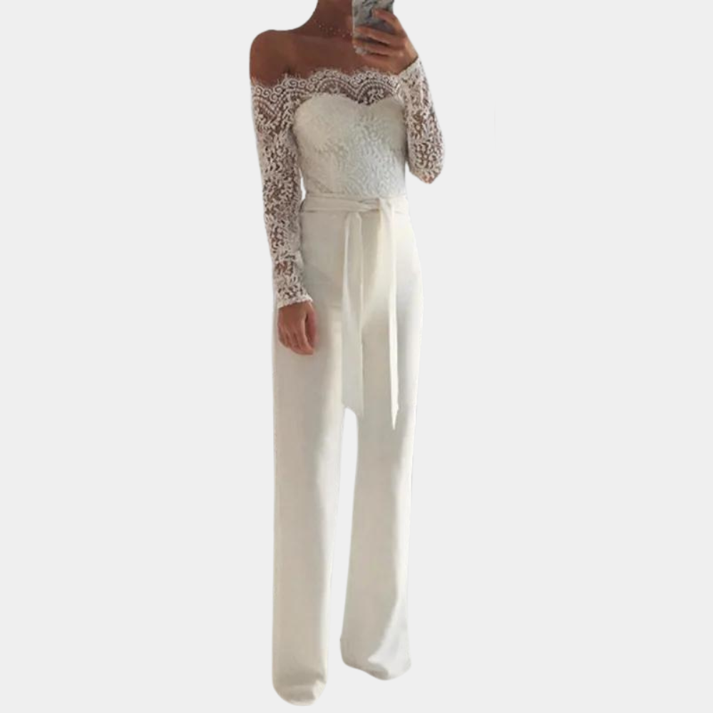 Women's Elegant White Jumpsuit Size M Lace Off-Shoulder Long Sleeve 2