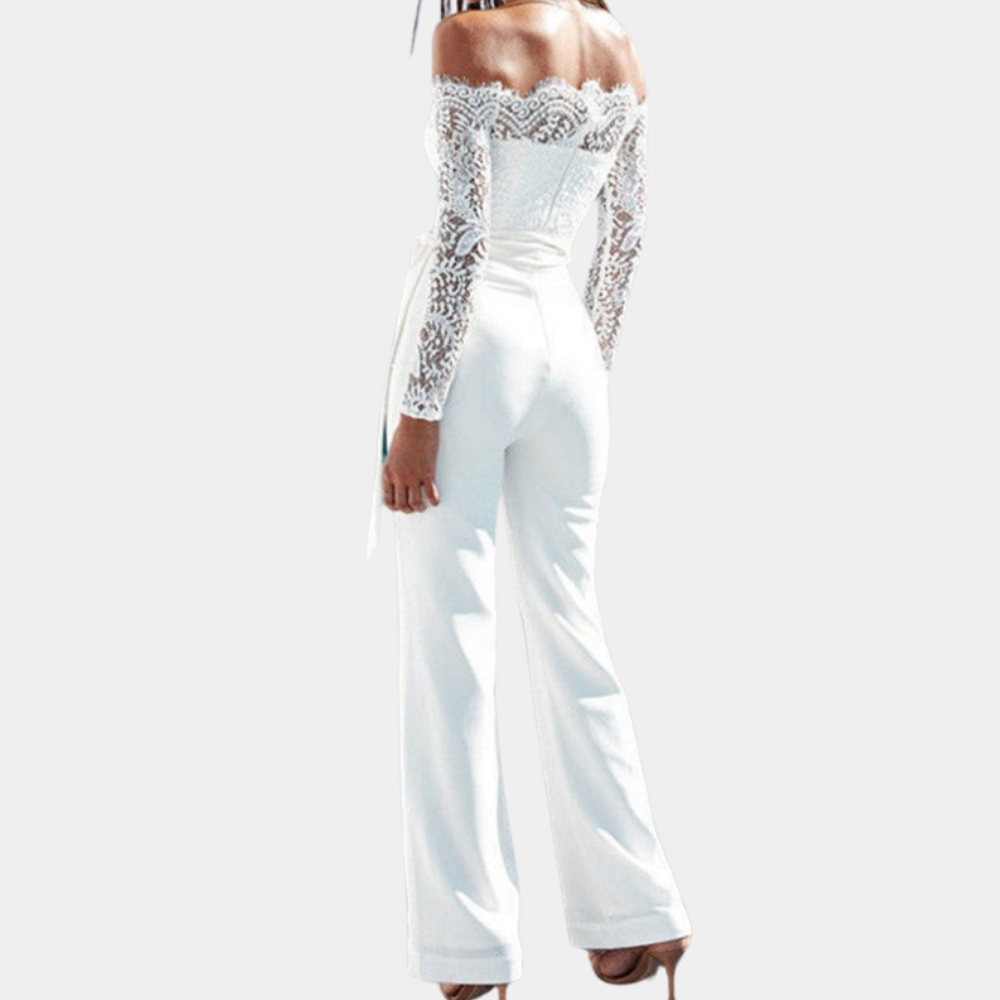 Women's Elegant White Jumpsuit Size M Lace Off-Shoulder Long Sleeve 3
