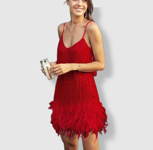 Women's Evening Dress - Fitted Silhouette - Sequin Fringe Detailing - Feather Hem 2