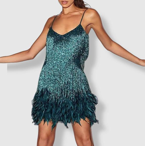 Women's Evening Dress - Fitted Silhouette - Sequin Fringe Detailing - Feather Hem 3