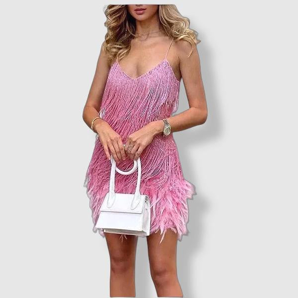 Women's Evening Dress - Fitted Silhouette - Sequin Fringe Detailing - Feather Hem 4