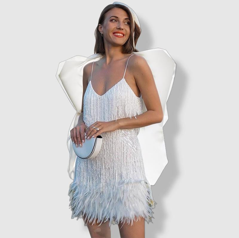 Women's Evening Dress - Fitted Silhouette - Sequin Fringe Detailing - Feather Hem 6