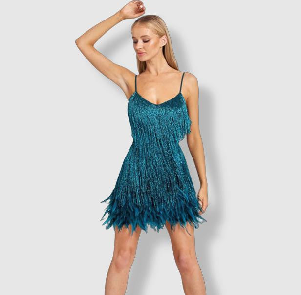 Women's Evening Dress - Fitted Silhouette - Sequin Fringe Detailing - Feather Hem 7