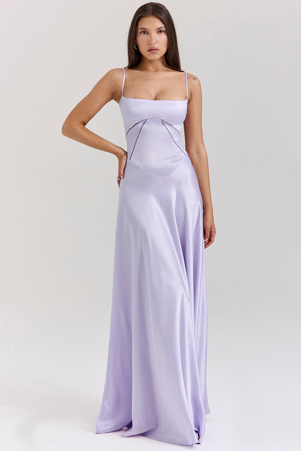 Women’s Evening Gown – Satin A-Line – Spaghetti Straps – Cut-Out Waist – Full Length 4