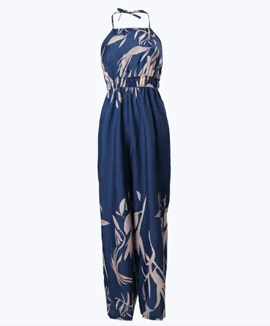 Women's Floral Print Jumpsuit with Halter Neck and Cinched Waist – Lightweight Wide-Leg Summer Style 2