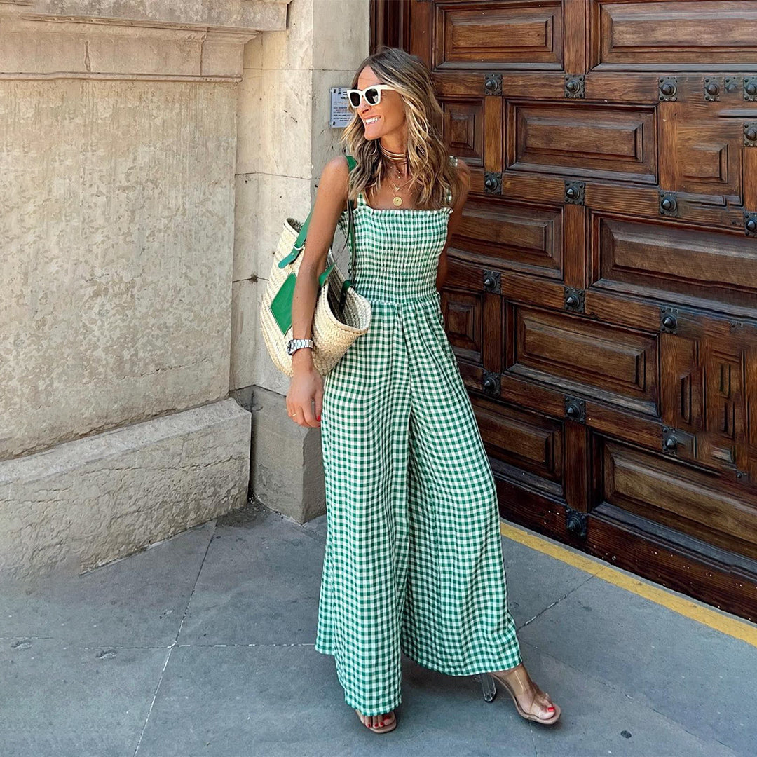 Women's Gingham Jumpsuit with Smocked Bodice and Wide-Leg Design – Perfect for Spring and Summer Casual Outings 2