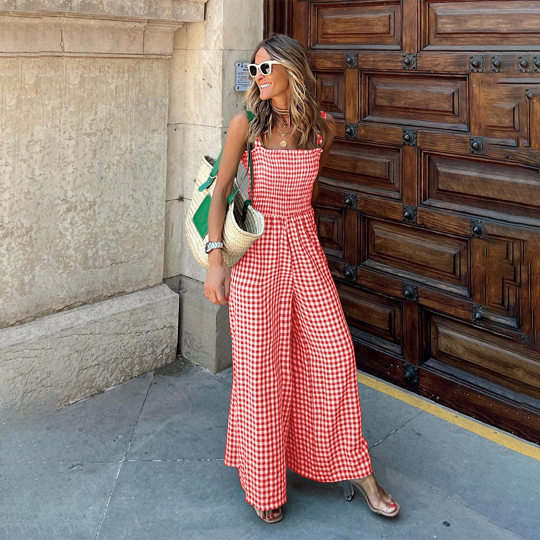 Women's Gingham Jumpsuit with Smocked Bodice and Wide-Leg Design – Perfect for Spring and Summer Casual Outings 3