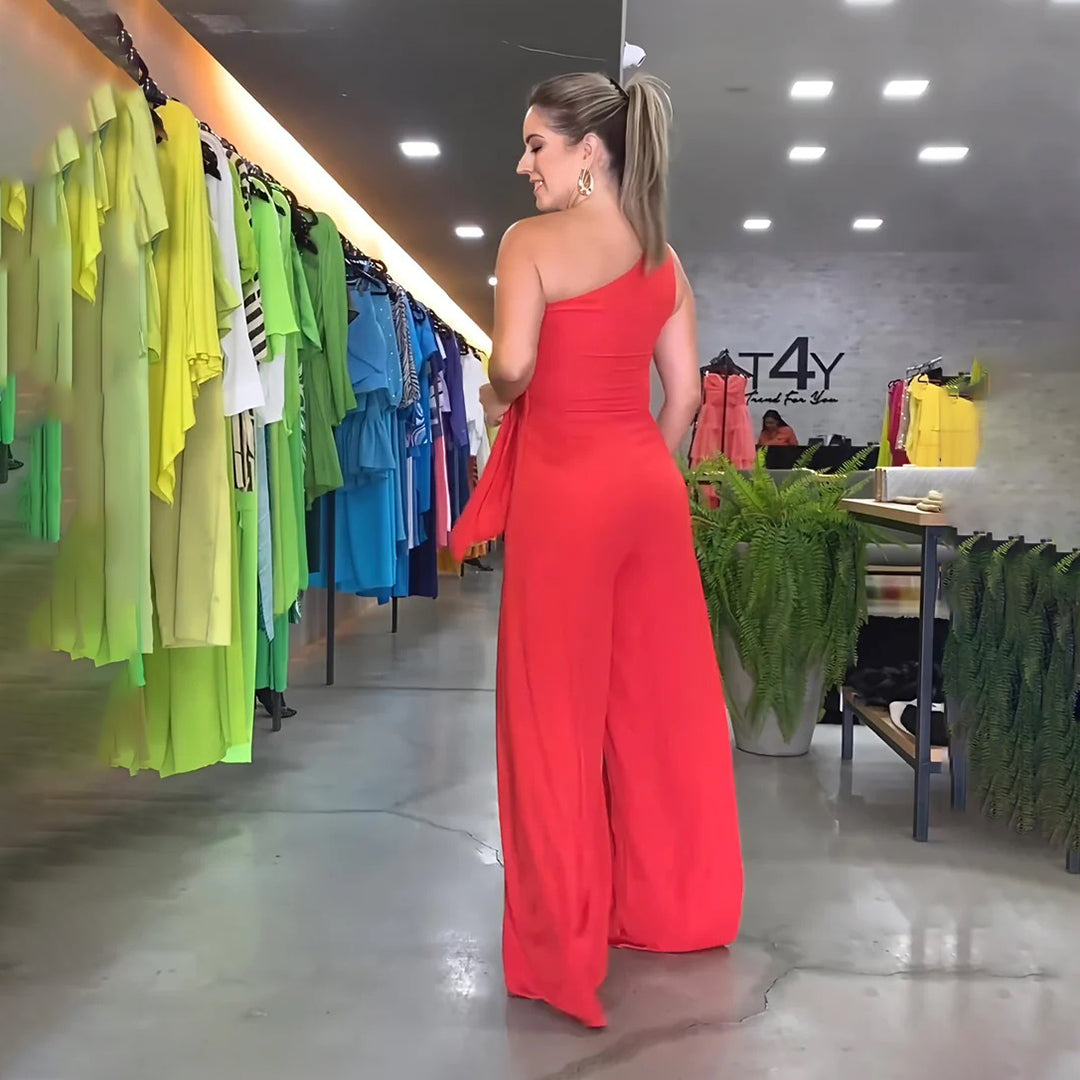 Women's Jumpsuit Green Size M Rayon Blend One-Shoulder Wide-Leg 2