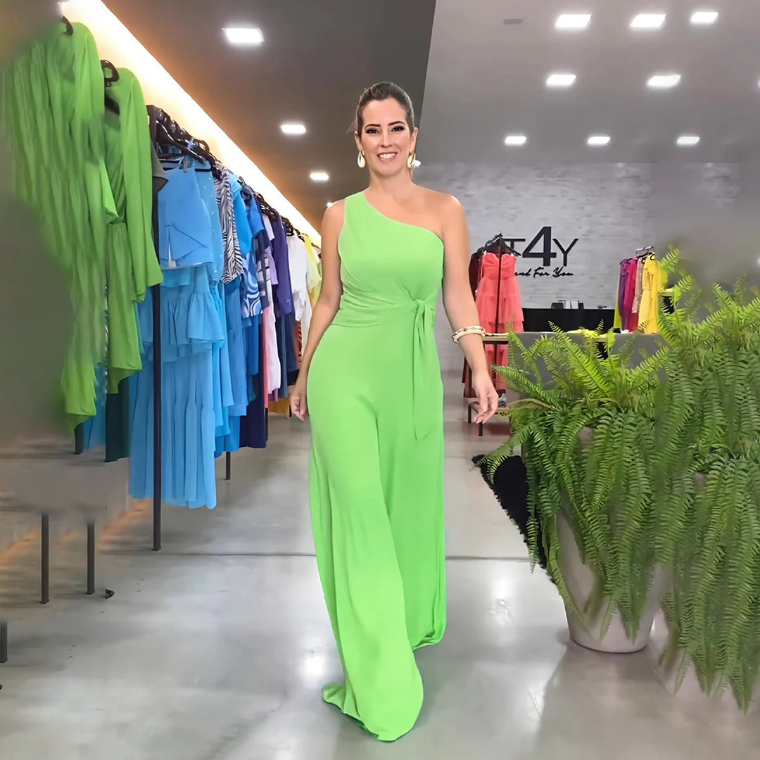 Women's Jumpsuit Green Size M Rayon Blend One-Shoulder Wide-Leg 3