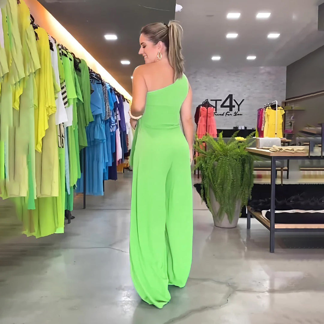 Women's Jumpsuit Green Size M Rayon Blend One-Shoulder Wide-Leg 4