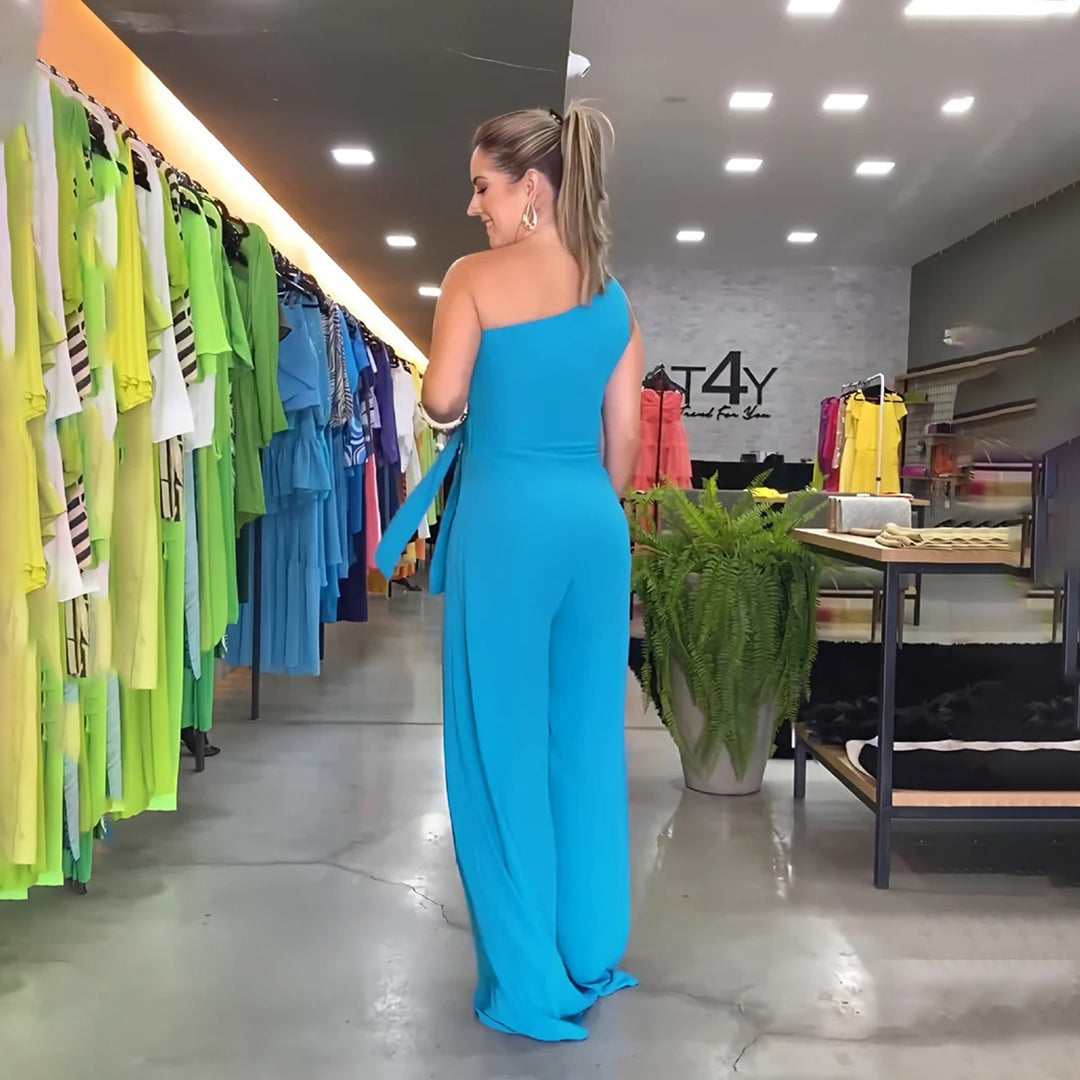 Women's Jumpsuit Green Size M Rayon Blend One-Shoulder Wide-Leg 6