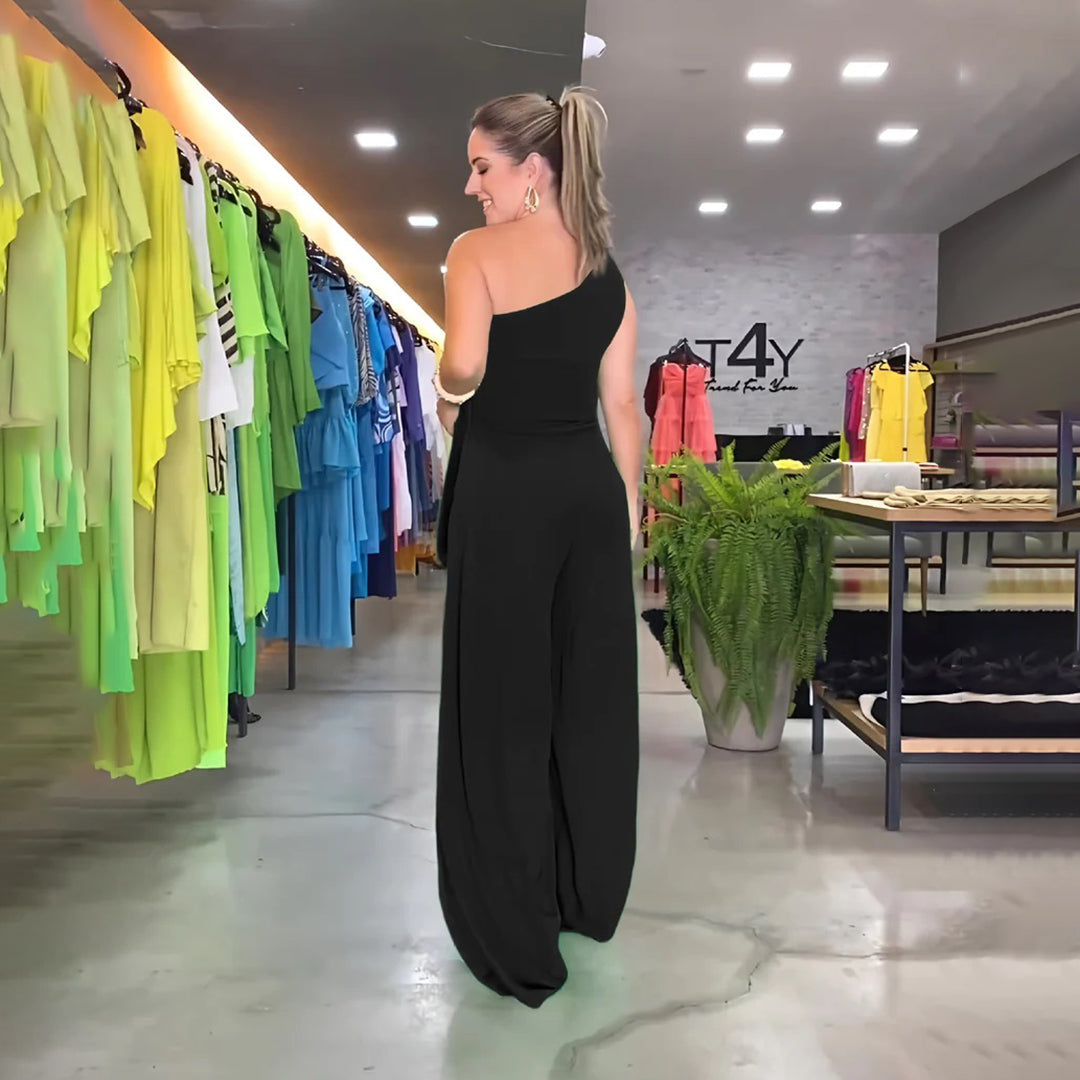 Women's Jumpsuit Green Size M Rayon Blend One-Shoulder Wide-Leg 8