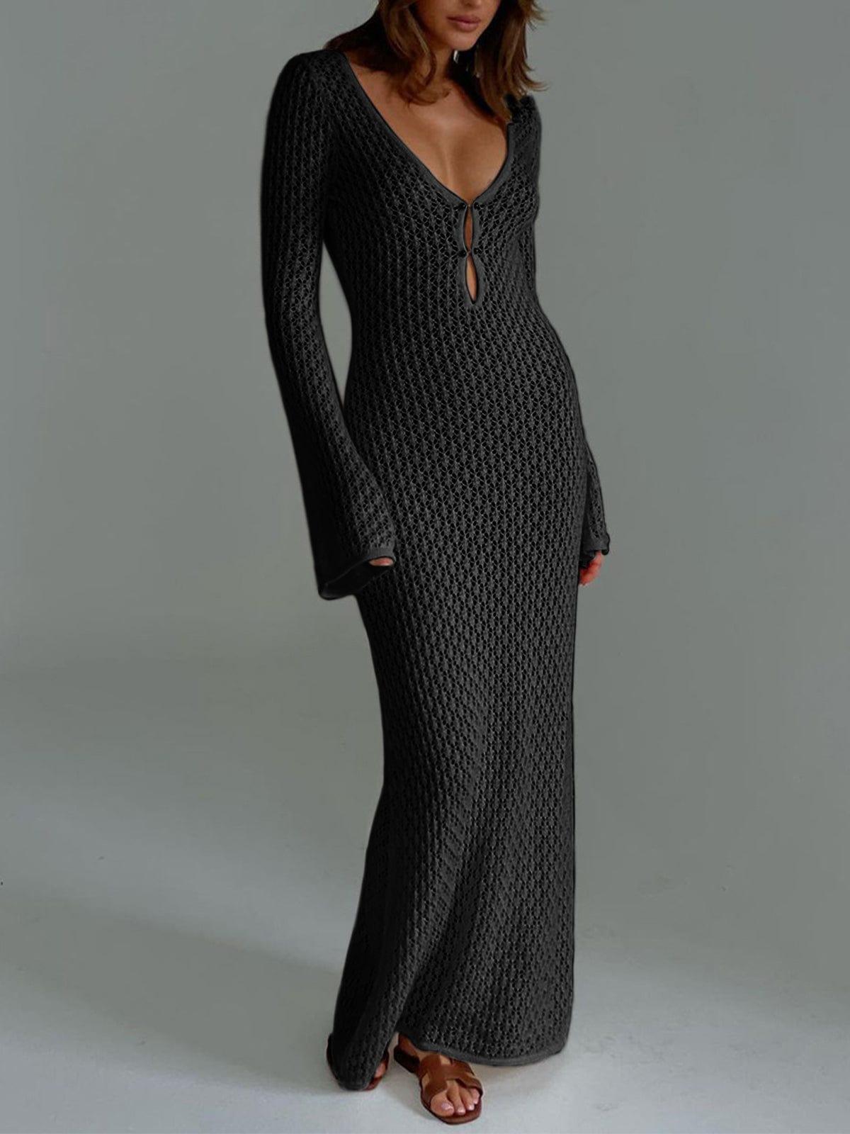 Women’s Knit Maxi Dress – Crochet Open Stitch – Long Sleeve – Deep V-Neck – Lightweight 5