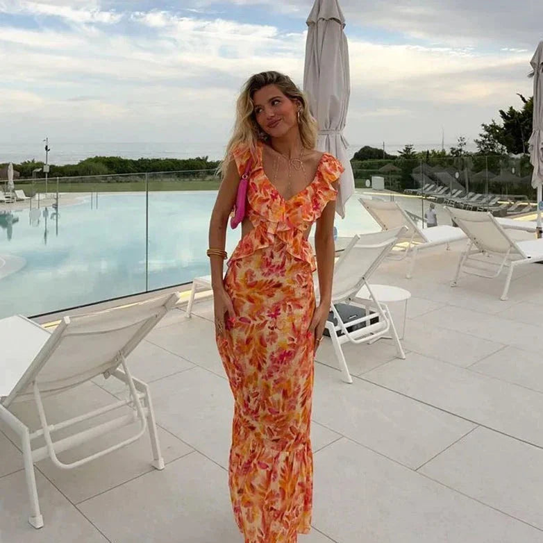 Women's Maxi Dress - Deep V-Neck - Ruffled Short Sleeves - Flowy Lightweight Fit 0