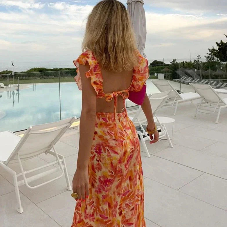 Women's Maxi Dress - Deep V-Neck - Ruffled Short Sleeves - Flowy Lightweight Fit 1