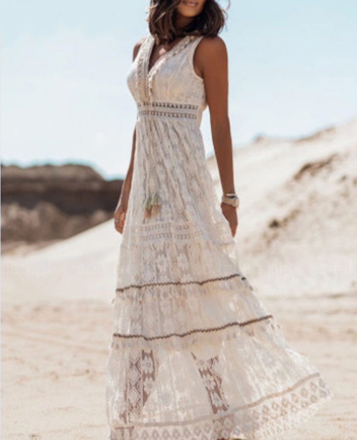 Women’s Maxi Dress – Lace Embroidered – Sleeveless V-Neck – Fitted Waist – Flowy Skirt 1