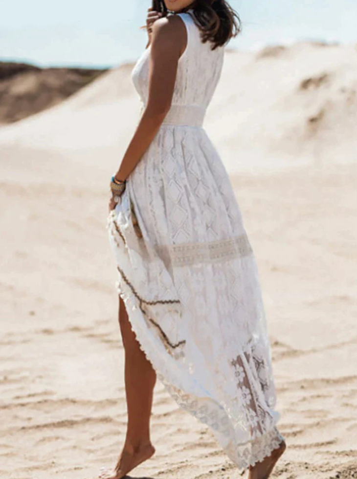 Women’s Maxi Dress – Lace Embroidered – Sleeveless V-Neck – Fitted Waist – Flowy Skirt 4