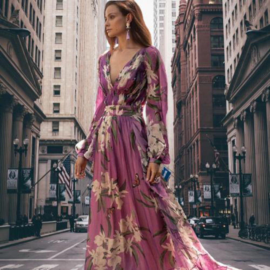 Women’s Maxi Dress – V-Neck – Fitted Waist – Long Sleeve – Lightweight Floral Design 0