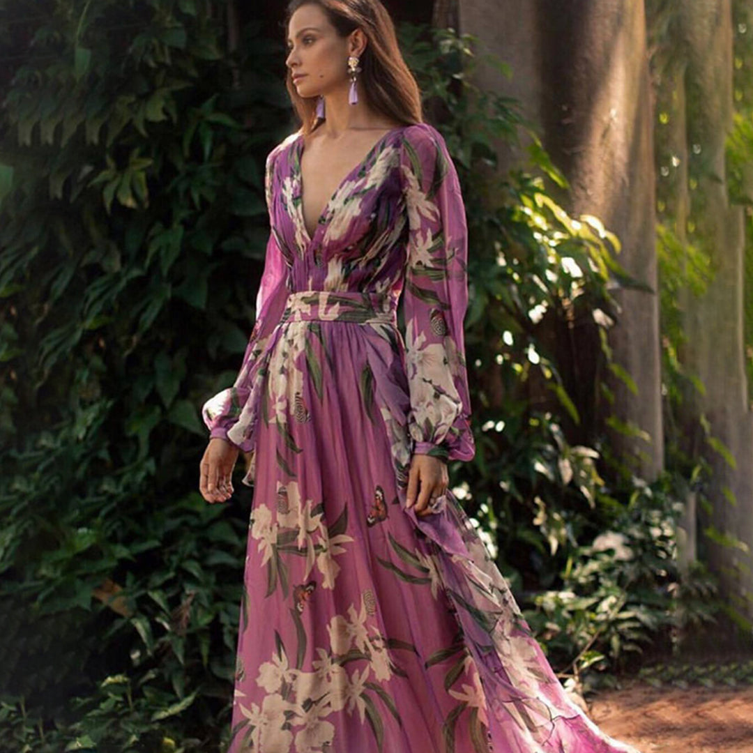 Women’s Maxi Dress – V-Neck – Fitted Waist – Long Sleeve – Lightweight Floral Design 1